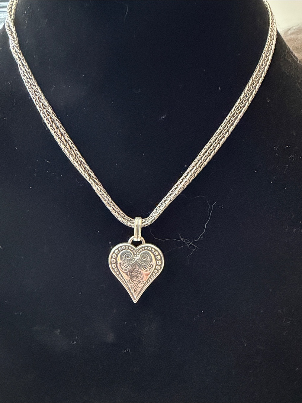 BRIGHTON Silver Heart Pendant Necklace -  Three strands chain.